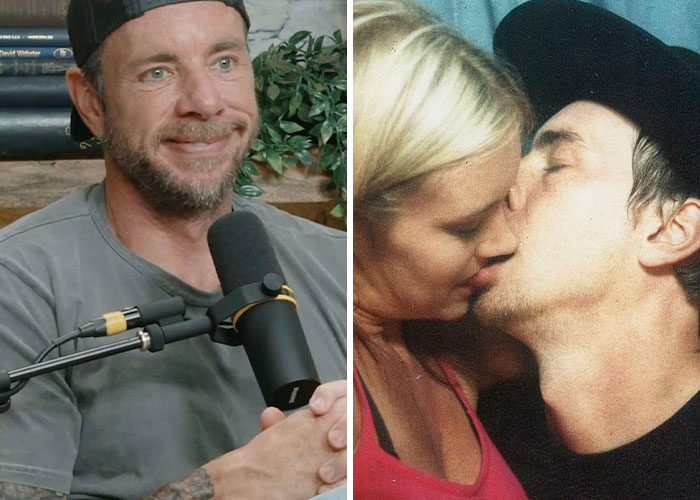 Dax Shepard speaking into a microphone in podcast setup, alongside a vintage image of Kristen Bell and Dax Shepard kissing.