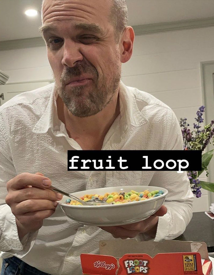 Man in white shirt holding bowl of colorful cereal with text overlay including main SEO keywords Lily Allen and David Harbour claims
