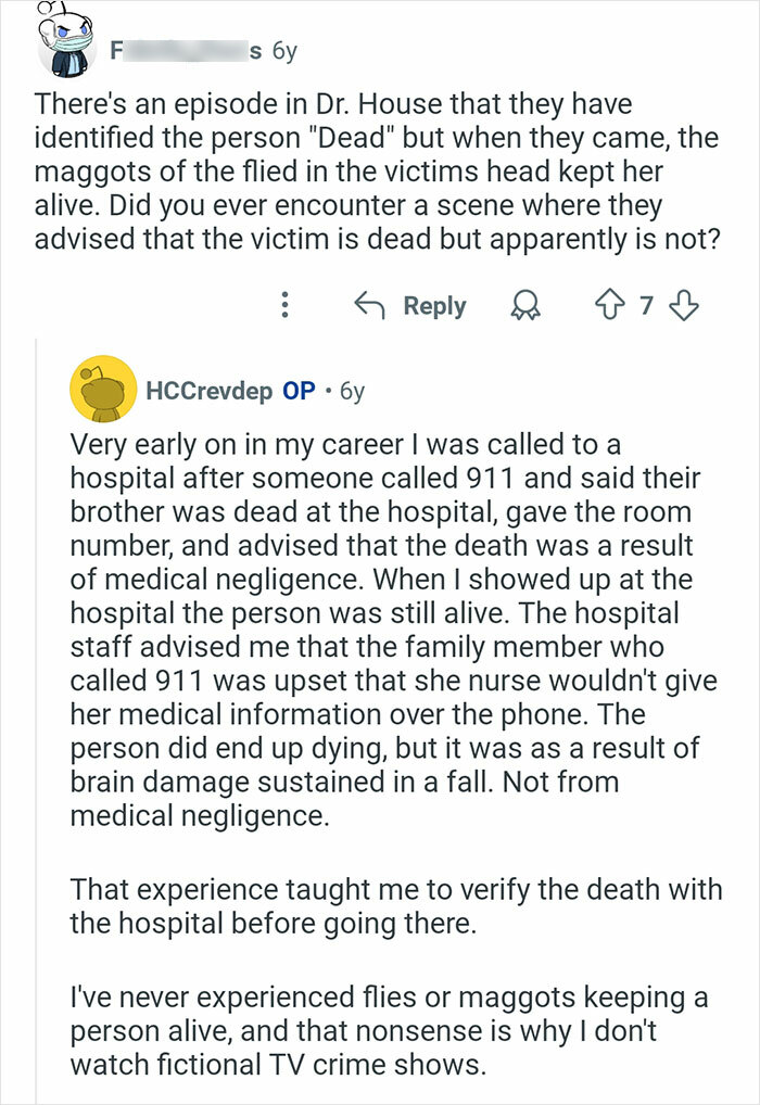 Reddit conversation about unusual coroner experiences involving medical negligence and verifying deaths at hospitals.
