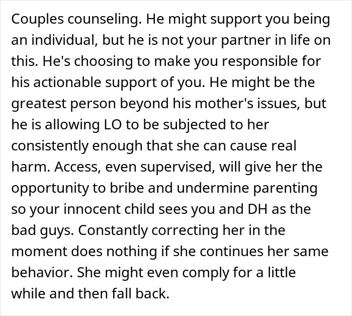 Text discussing new mom confronting MIL&rsquo;s unhinged behavior and challenges with couples counseling and parenting issues.