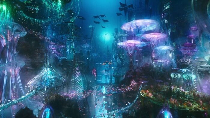 Underwater scene of a magical imaginary world with glowing plants, creatures, and mysterious bioluminescent structures.
