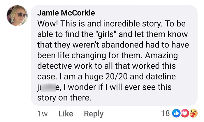 Facebook comment praising the miracle of sisters discovered alive after being missing for 36 years.