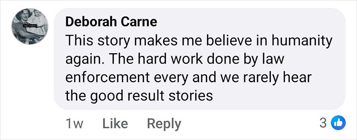 Screenshot of a social media comment praising law enforcement for a miracle of sisters found alive after 36 years missing.