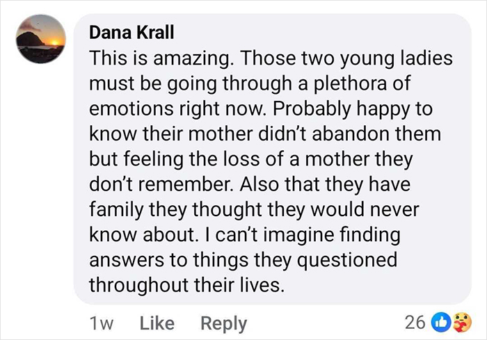 Comment expressing amazement about sisters experiencing complex emotions after being discovered alive 36 years after reported missing.