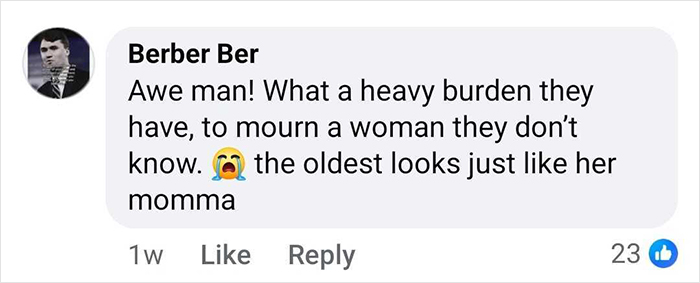 Comment from Berber Ber expressing sympathy about the heavy burden of mourning unknown woman in sisters discovered alive miracle story.
