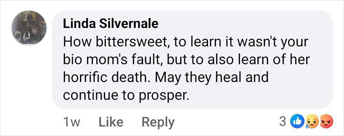 Comment expressing sympathy and hope for healing after a tragic family revelation in a social media post.