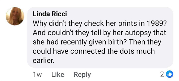 Comment by Linda Ricci questioning why fingerprints and autopsy details weren't checked earlier in the sisters discovered alive 36 years after missing.