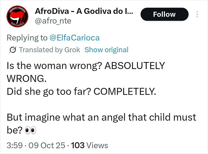 Tweet discussing a viral debate about a man defending a child after a woman threw a chair at the kid.