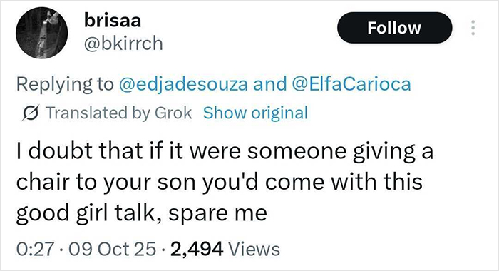 Twitter reply discussing a viral debate about a man punching a woman who threw a chair at a kid, emphasizing children first.