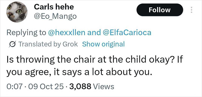 Tweet questioning if throwing a chair at a child is acceptable, sparking debate on children coming first in safety.