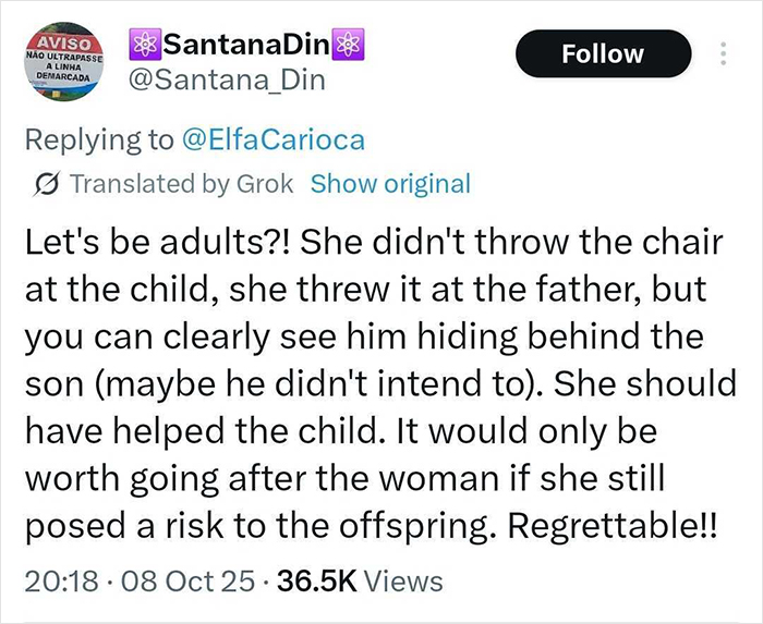 Tweet discussing viral debate involving children, a man, a woman, and a chair incident focusing on children come first.