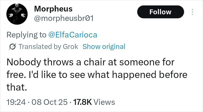 Tweet by user Morpheus debating incident where woman threw a chair at a kid, sparking viral discussion on children coming first.