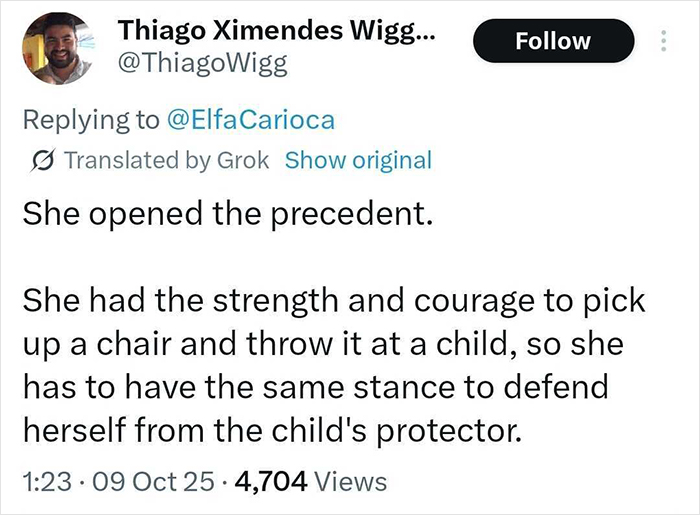 Tweet about a man defending a child by confronting a woman who threw a chair, sparking viral debate on children first.