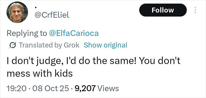 Twitter reply text supporting a man defending a child after a woman threw a chair, highlighting children come first debate.