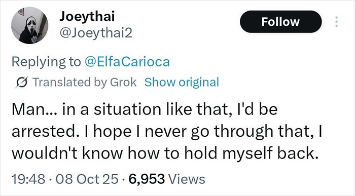 Tweet from user Joeythai reacting to viral debate about man defending children after woman threw chair at a kid.