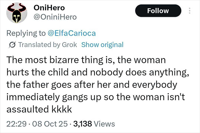 Screenshot of a tweet discussing a father defending a child after a woman threw a chair at the kid in a viral debate.