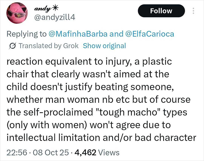 Tweet discussing viral debate on man punching woman after chair thrown at a kid, focusing on children come first and self-defense.
