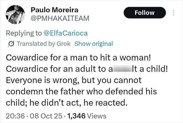 Tweet discussing a man defending his child after a woman threw a chair at the kid, sparking viral debate.