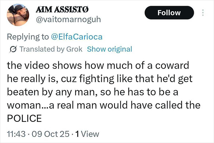 Screenshot of a tweet discussing a viral debate about a man punching a woman who threw a chair at a child.