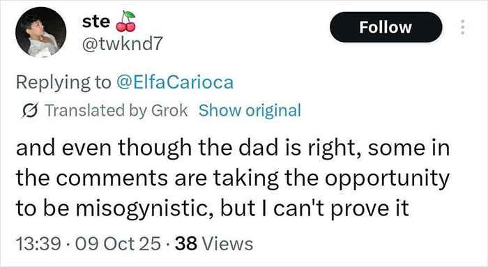 Tweet discussing a viral debate about a man defending a child after a woman threw a chair, sparking controversy online.