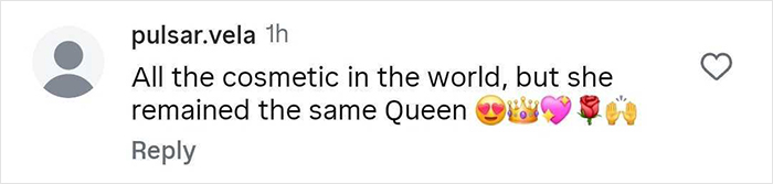 Instagram comment praising a celebrity as a queen with heart and crown emojis in response to a viral makeup tutorial video.