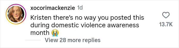 Instagram comment criticizing Kristen Bell&rsquo;s wedding anniversary post during domestic violence awareness month, sparking controversy.