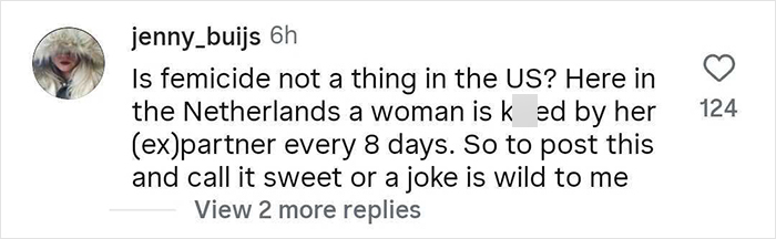 Comment expressing shock over Kristen Bell's wedding anniversary post, mentioning femicide concerns in the US and Netherlands.