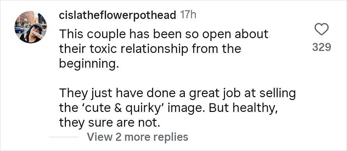 Screenshot of a social media comment discussing a couple&rsquo;s toxic relationship, relevant to triggering content for victims.