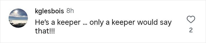 Social media comment saying "He&rsquo;s a keeper ... only a keeper would say that!!!" related to Kristen Bell wedding anniversary post.