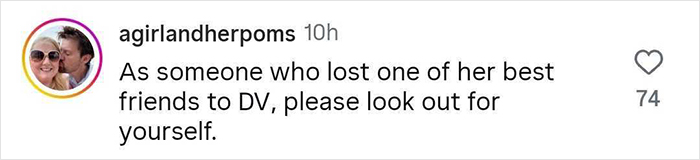 Screenshot of Instagram comment warning about domestic violence, related to Kristen Bell snubs fans after triggering anniversary post backlash.