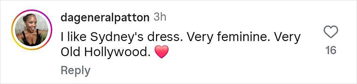 Comment praising Sydney Sweeney's feminine and Old Hollywood style dress at Variety's event, with a heart emoji.