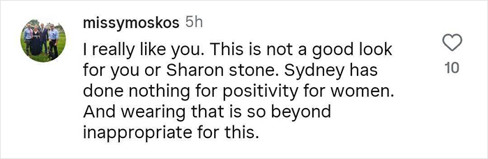 Social media comment criticizing Sydney Sweeney&rsquo;s braless look and discussing Jamie Lee Curtis reaction and online drama.