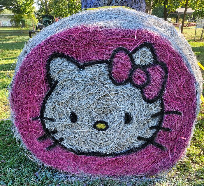 Halloween hay bale art featuring a painted Hello Kitty face with pink background in an outdoor grassy area.