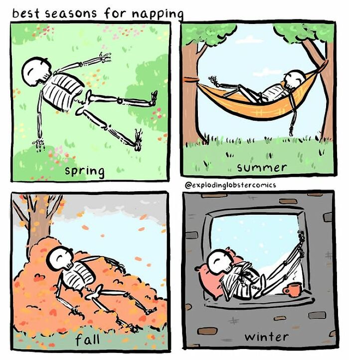 Skeleton napping in spring grass, summer hammock, fall leaves, and winter window seat in Exploding Lobster comics style.