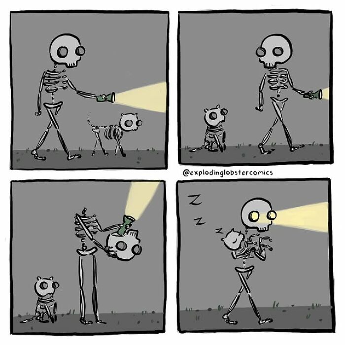 Skeleton holding flashlight with a skeleton dog in a comic style from Exploding Lobster comics, capturing cozy autumn vibes.