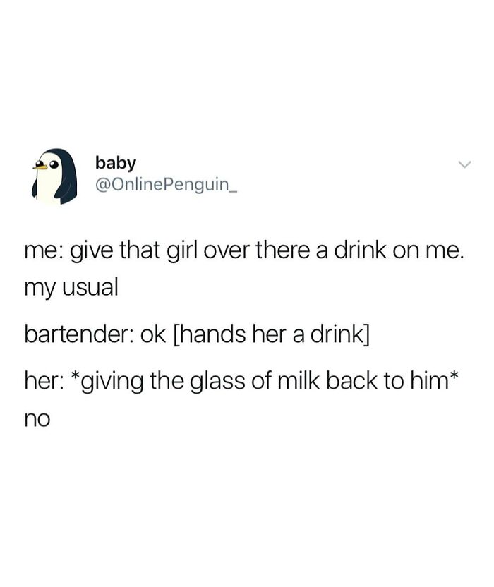 Tweet showing chaotic humor with a funny dialogue between a bartender, a girl, and a man in a humorous social interaction.