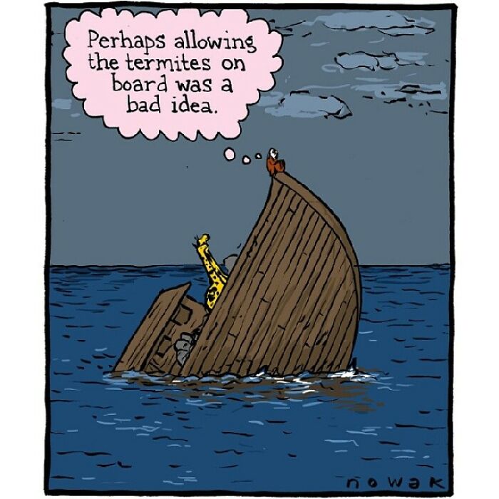 Humorous one-panel comic by Joseph Nowak showing sinking wooden ship with animals and a funny thought bubble.
