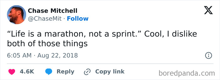 Funny and random Thunder Dungeon meme tweet by Chase Mitchell about life being a marathon, not a sprint, with 4.6K likes.