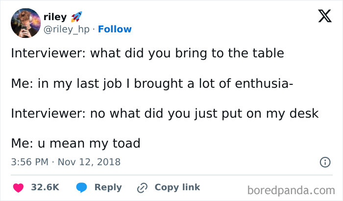 Tweet humor from chaotic tweets with witty wordplay about job interview misunderstandings and toad puns.