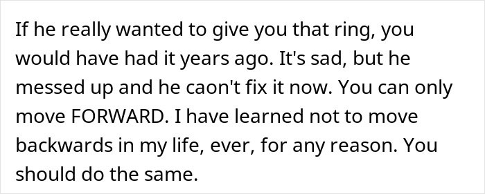 Text discussing regret and moving forward after a man proposes two months after his girlfriend dumped him.
