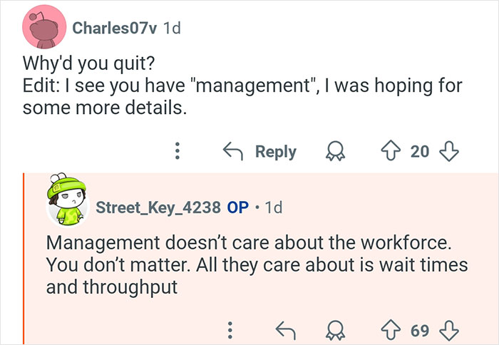 Reddit conversation with former TSA worker explaining management focuses on wait times and throughput, not workforce care.