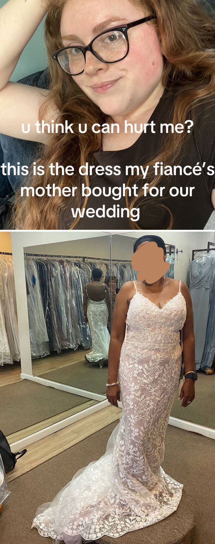 Woman showing a wedding dress bought by fiancé’s mother, part of shaming the worst brides, grooms and wedding guests.