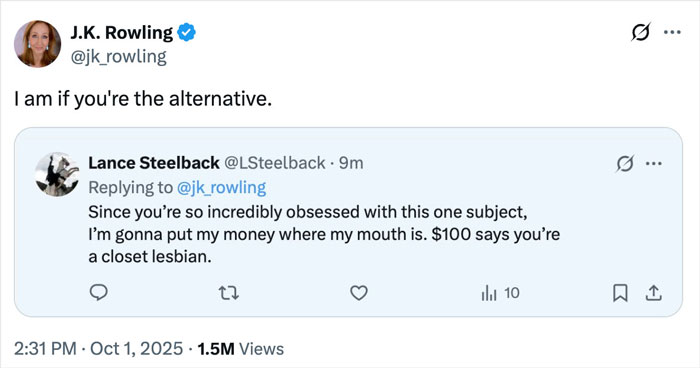 Screenshot of a Twitter exchange about J.K. Rowling involving a $100 bet claiming she is a closet lesbian and her witty reply.