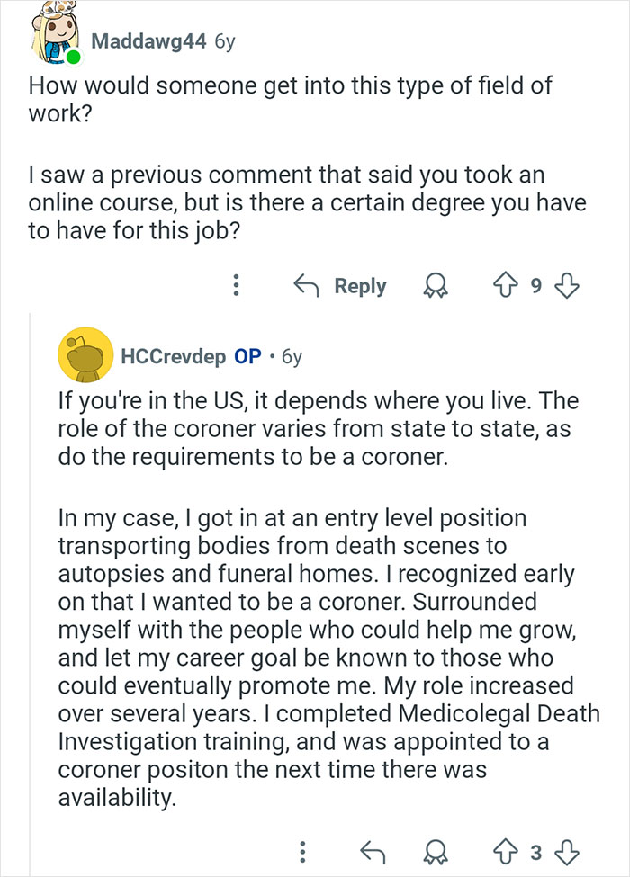 Reddit conversation about requirements and career path to become a coroner in the US involving medicolegal death investigation.