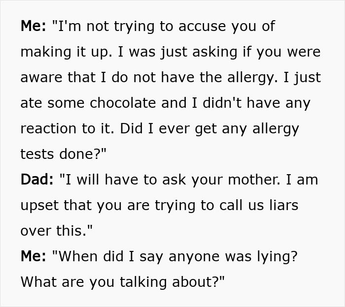 Conversation between daughter and dad discussing parents lied about food allergies, causing no contact and trust issues.