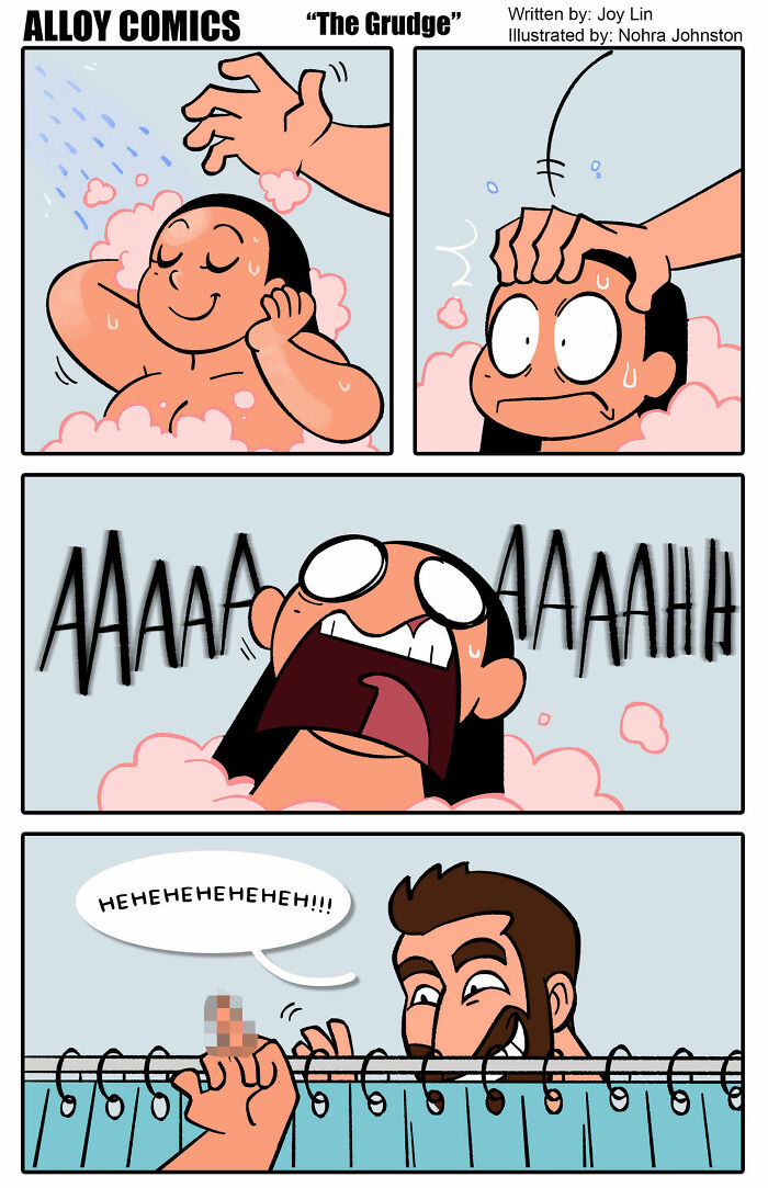 Comic strip showing a person startled in the shower, capturing a funny moment about love and raising a tiny demon.