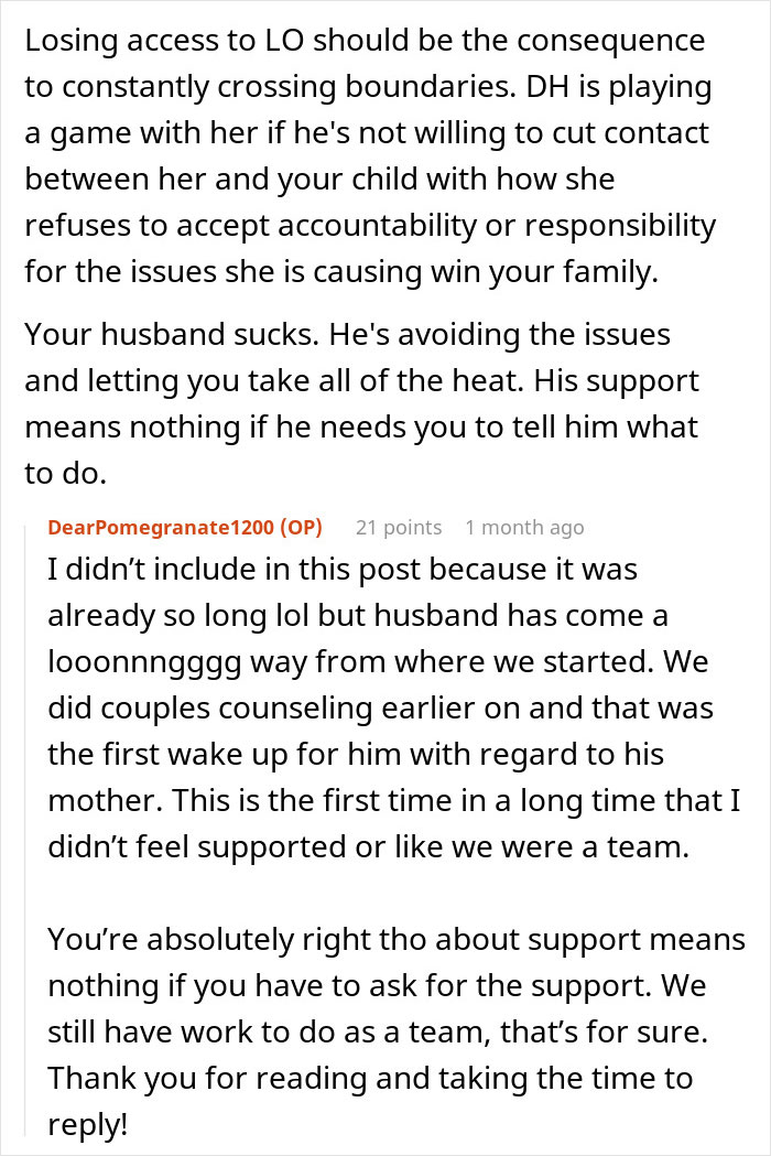 Text conversation discussing a new mom confronting difficult behavior from her mother-in-law and marital support issues.