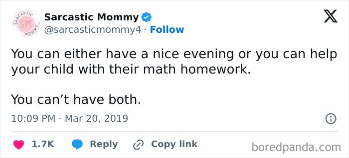 Screenshot of a relatable parenting meme tweet about choosing between relaxing evening and helping with math homework.