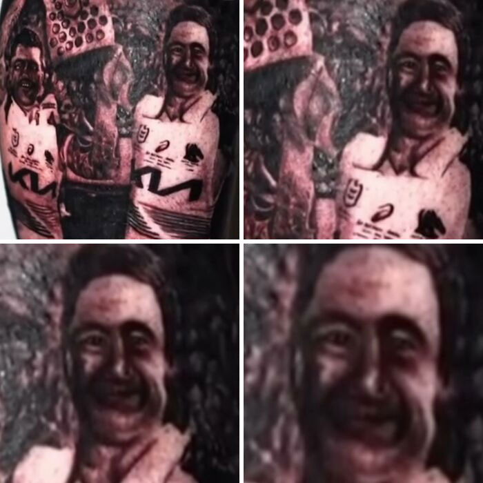 Arm tattoo depicting a man's face with distorted features, an example of unusual tattoos people allowed on their bodies.