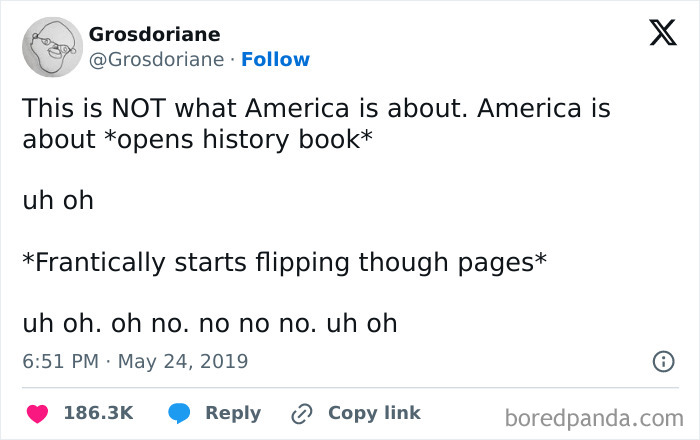 Tweet from Fight The Patriarchy page with a humorous and truthful post about American history commentary.
